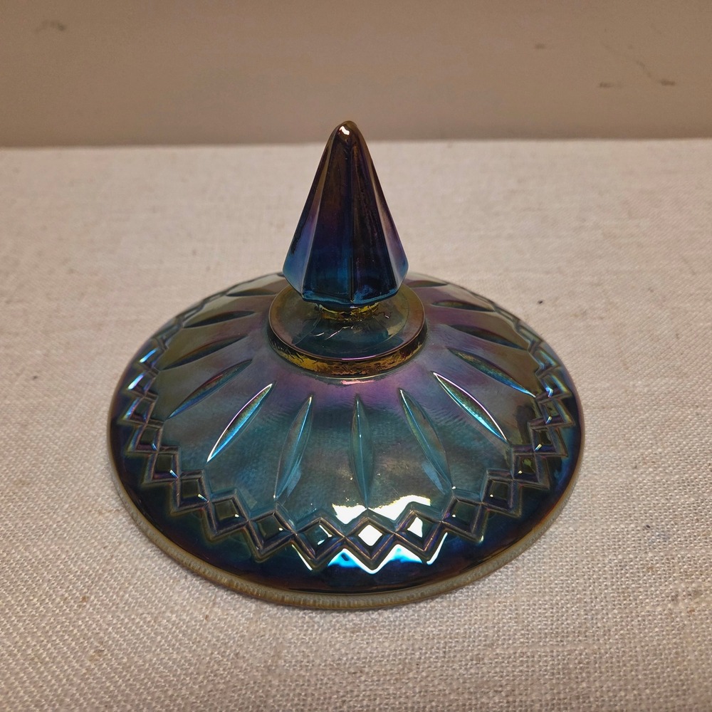 Vintage Blue Carnival Glass Trinket Dish with Lid Iridescent Oil Slick Jar - Picture 7 of 9